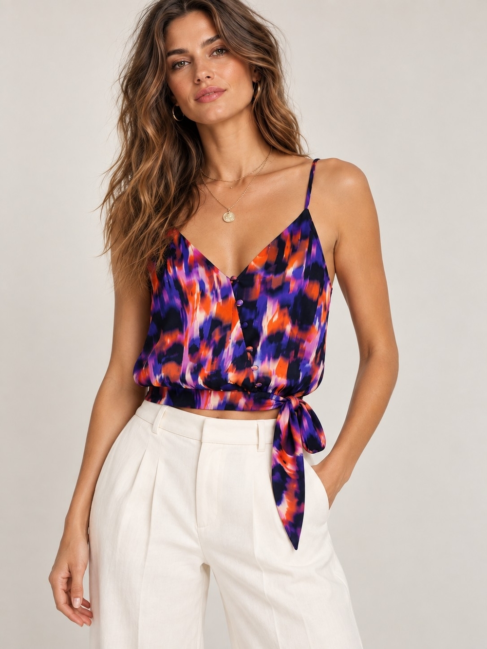 PARKER Abstract Watercolor Print Silk Blend Cropped Side Tie Camisole Cami XS